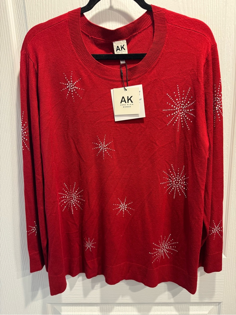 NWT Anne Klein Red Rhinestone Starburst Holiday Sweater 1X